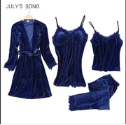 JULY’S SONG WOMEN FAUX SILK DRESSING GOWN 4 PIECE SEXY PAJAMAS SET LAC
